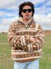 Ethnic Aztec Printed Quarter Zip Design Fluffy Faux Shearling Jacket -  