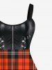 Plus Size Plaid Buckles Zipper PU Leather Patchwork 3D Print Tank Dress -  