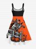 Plus Size Halloween Costume Colorblock Pumpkin Skull Eagle Lace Up 3D Print Tank Dress -  