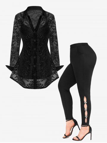 Lace See Thru Blouse with Cami Top Set and Heart Buckle Side Cut Out Pocket Skinny Leggings Plus Size Outfit - BLACK