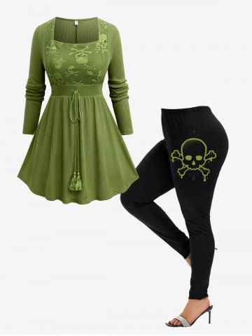 Halloween Skull Tassel Tied Textured T-shirt and Skull Printed Leggings Plus Size Outfit - GREEN