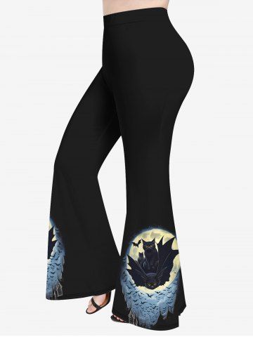 Plus Size Bat Cat Moon Castle Print Halloween Flare Pants - BLACK - S