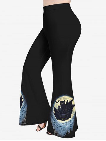 Plus Size Bat Cat Moon Castle Print Halloween Flare Pants