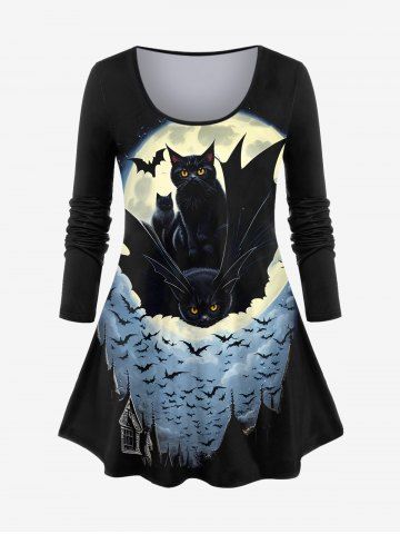 Plus Size Bat Cat Moon Castle Print Halloween T-shirt - BLACK - 1X