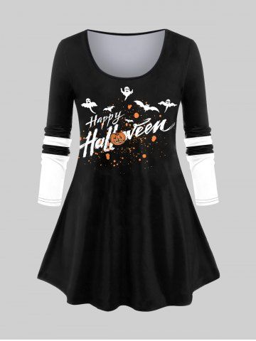 T-shirt D'Halloween Citrouille Fantôme et Chauve-souris Imprimés en Blocs de Couleurs de Grande Taille - BLACK - XS