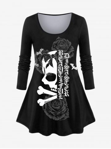 Plus Size Halloween Skull Rose Bowknot Letters Print T-shirt - BLACK - XS