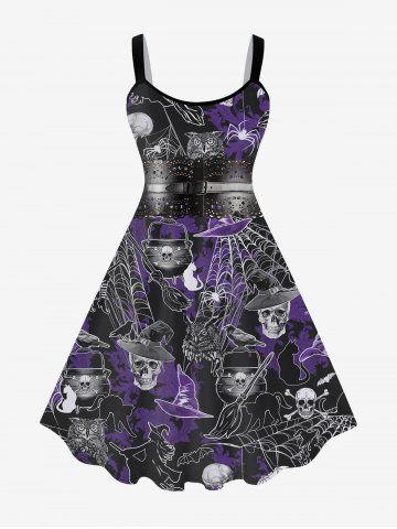 Plus Size Halloween Cat Hat Skull Bird Broom Print Tank Dress - PURPLE - 2X