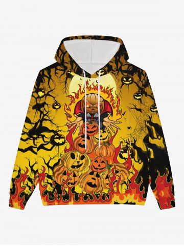 Gothic Halloween Pumpkin Flame Tree Print Pocket Drawstring Hoodie For Men - YELLOW - XS