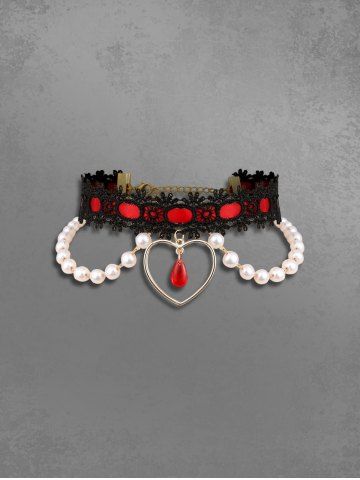 Collier Ras-de-Cou en Dentelle avec Pendentif Perle Fantaisie et Cœur - RED