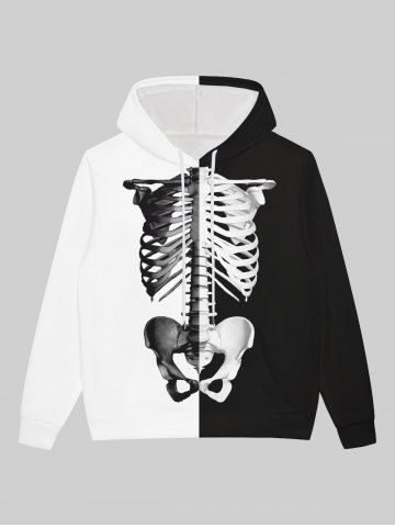 Sweat à Capuche D'Halloween Gothique en Blocs de Couleurs Squelette Imprimée à Cordon pour Homme