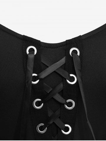 Plus Size Medieval Renaissance Grommets Lace Up Mesh Bell Sleeves Buckle Belt Dress