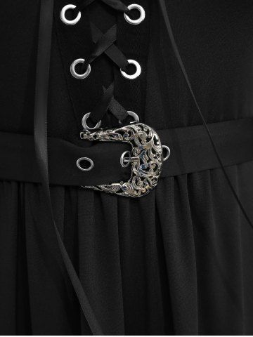 Plus Size Medieval Renaissance Grommets Lace Up Mesh Bell Sleeves Buckle Belt Dress