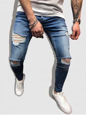 Men's Streetwear Ripped Pocket Solid Color Zipper Fly Skinny Jeans - BLUE IVY - XL