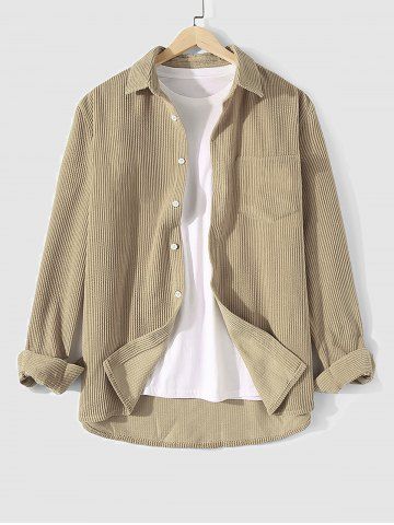 Solid Color Corduroy Long Sleeves Shirt - LIGHT COFFEE - M