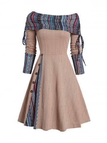 Tribal Pattern Convertible Neck Cinched A Line Dress - LIGHT COFFEE - XXL