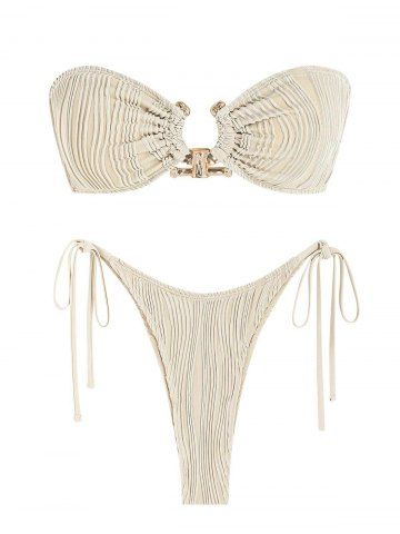 Women's Textured Metal Ring Decor Lace Up Back Tied Side Bandeau Bikini Set Two Piece Swimwear - LIGHT COFFEE - XS