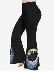 Plus Size Bat Cat Moon Castle Print Halloween Flare Pants -  