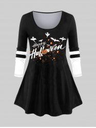 T-shirt D'Halloween Citrouille Fantôme et Chauve-souris Imprimés en Blocs de Couleurs de Grande Taille - Noir 6X