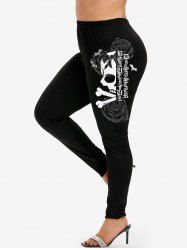 Plus Size Halloween Skull Rose Letters Bowknot Print Leggings -  