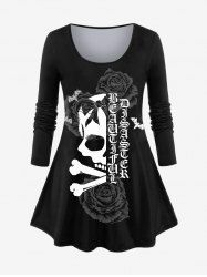 Plus Size Halloween Skull Rose Bowknot Letters Print T-shirt -  