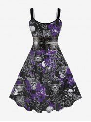 Plus Size Halloween Cat Hat Skull Bird Broom Print Tank Dress -  