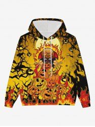 Gothic Halloween Pumpkin Flame Tree Print Pocket Drawstring Hoodie For Men -  