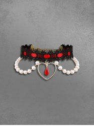 Faux Pearl Heart Crystal Pendant Lace Choker Necklace -  