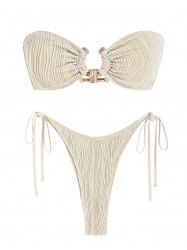 Women's Textured Metal Ring Decor Lace Up Back Tied Side Bandeau Bikini Set Two Piece Swimwear -  
