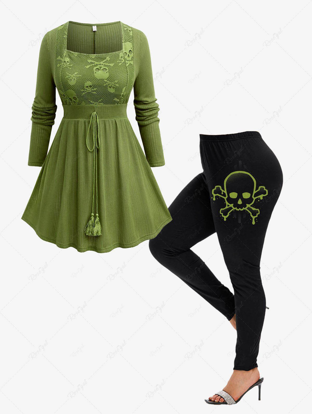 Latest Halloween Skull Tassel Tied Textured T-shirt and Skull Printed Leggings Plus Size Outfit  