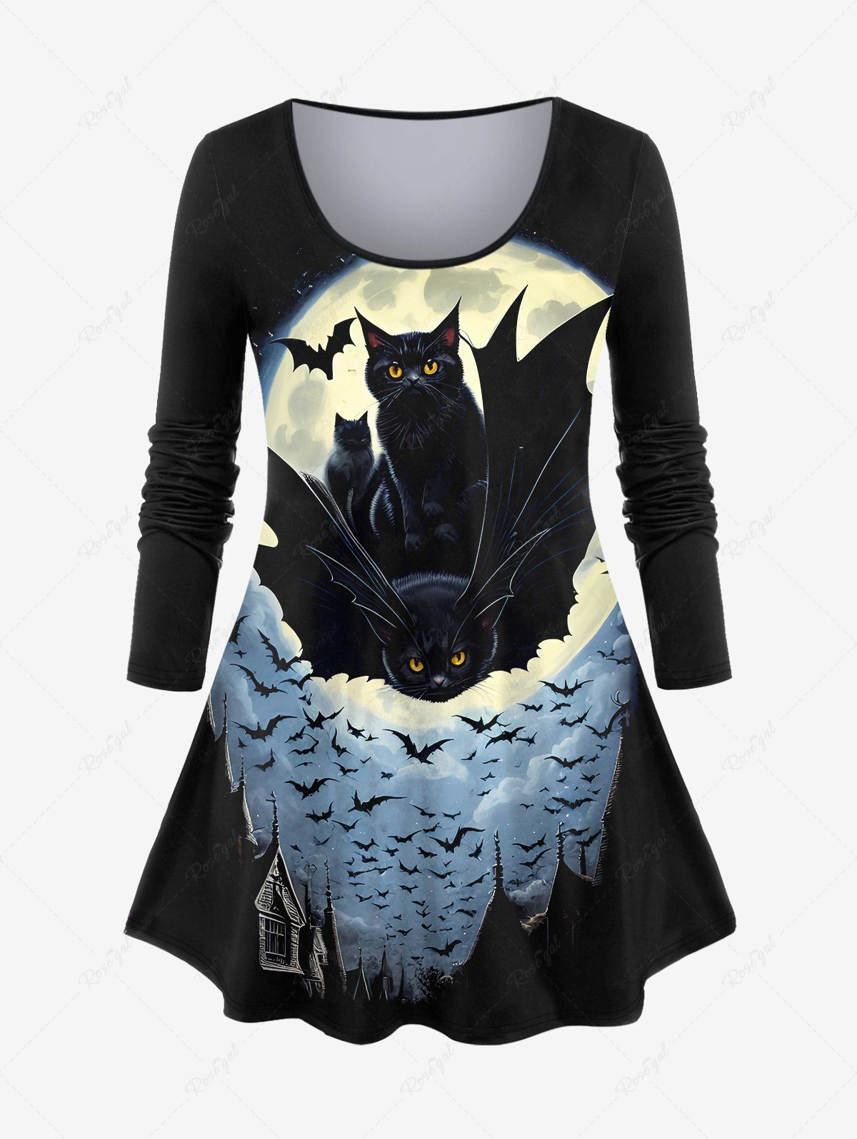 Trendy Plus Size Bat Cat Moon Castle Print Halloween T-shirt  