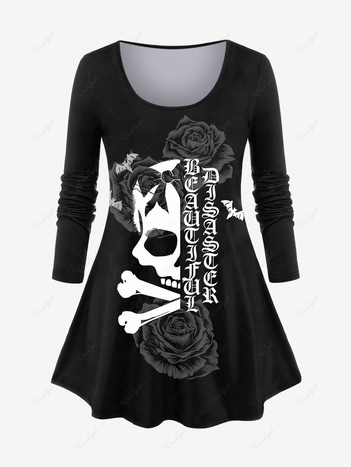 Latest Plus Size Halloween Skull Rose Bowknot Letters Print T-shirt  