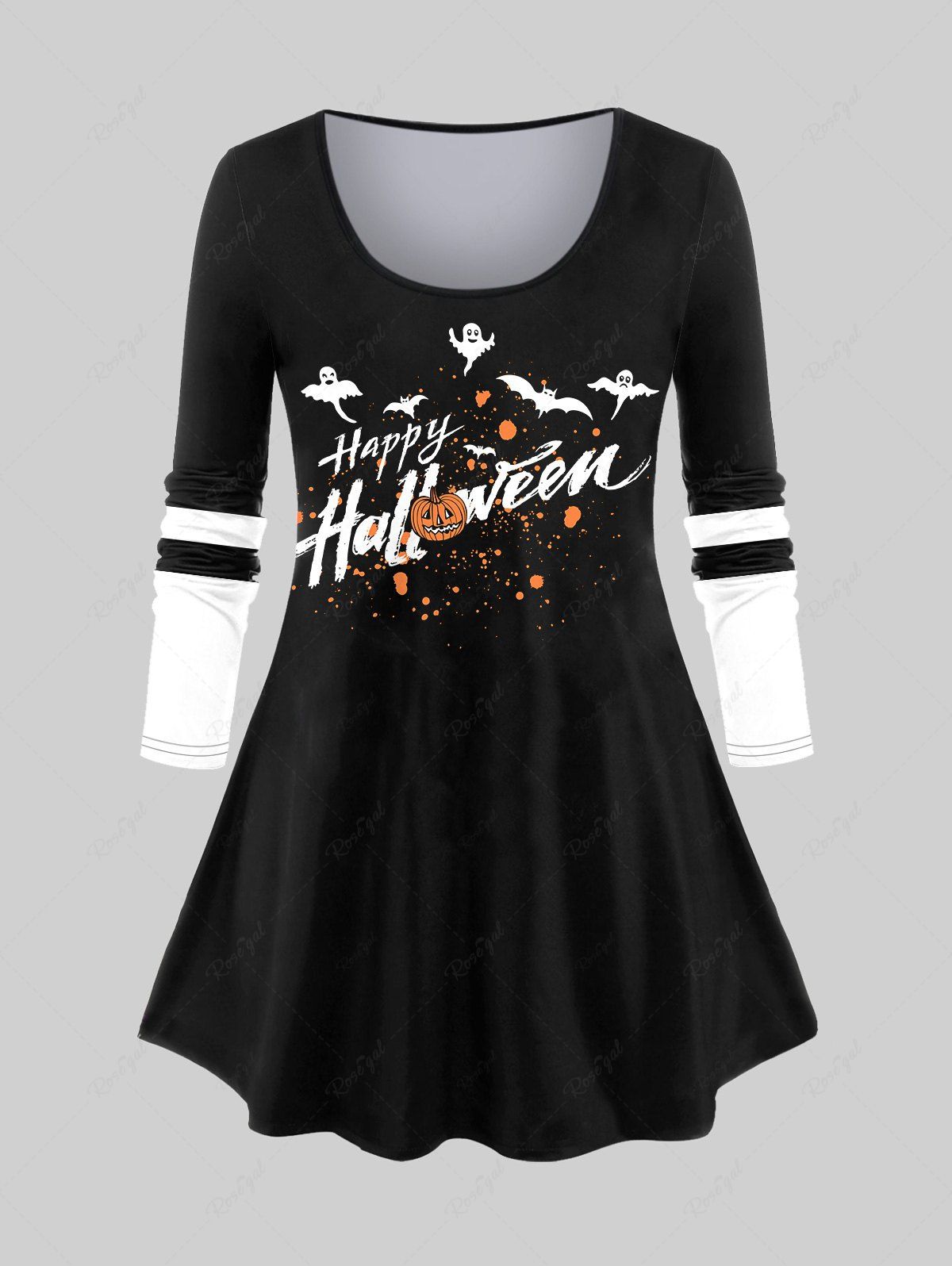 T-shirt D'Halloween Citrouille Fantôme et Chauve-souris Imprimés en Blocs de Couleurs de Grande Taille Noir 6X