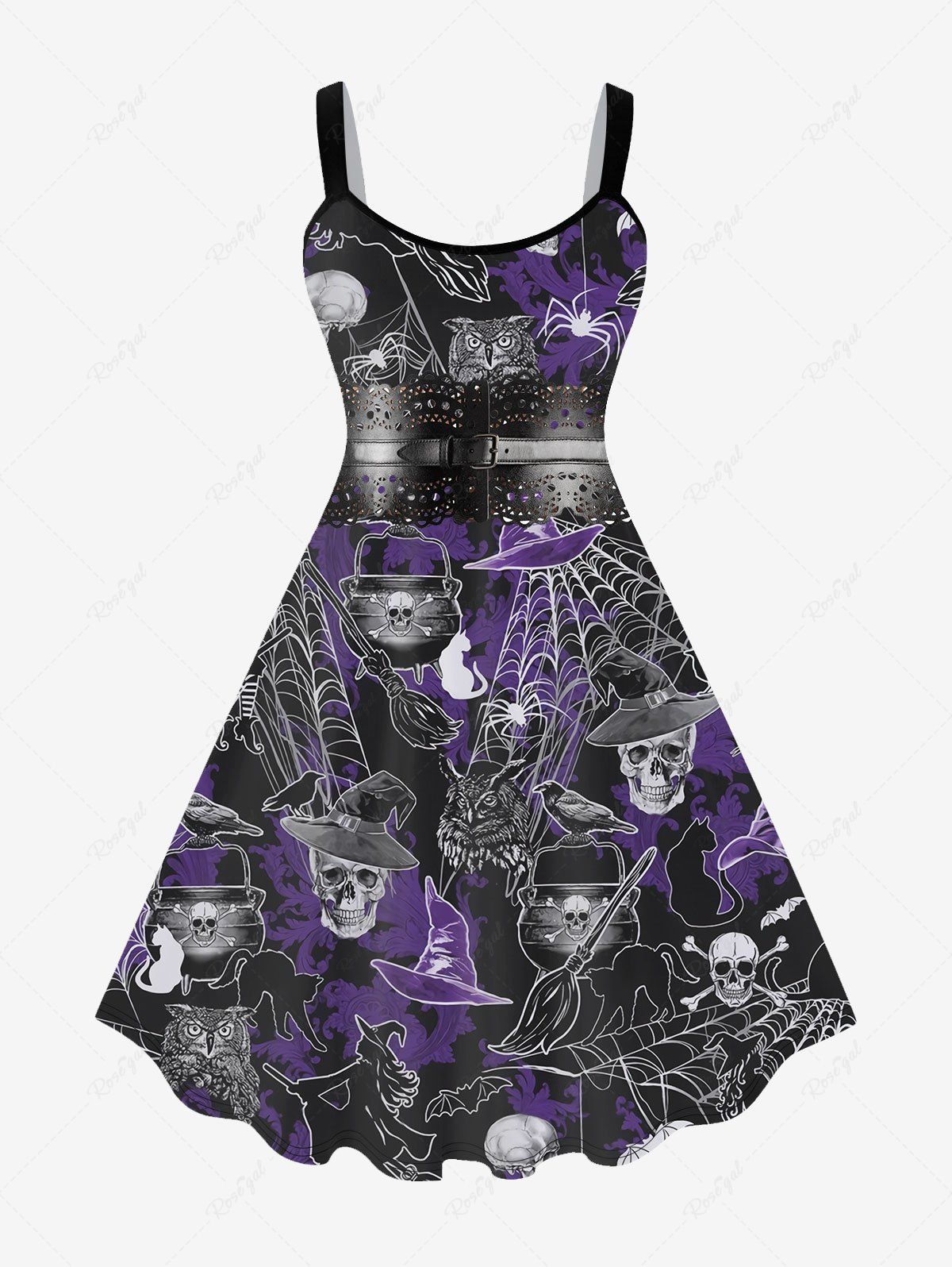 Outfits Plus Size Halloween Cat Hat Skull Bird Broom Print Tank Dress  