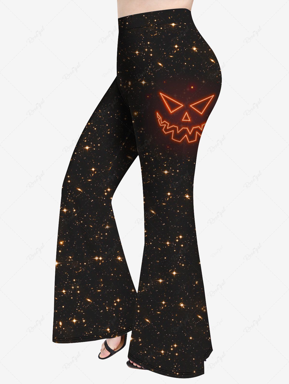 Fashion Plus Size Halloween Galaxy Devil Face Glitter Print Disco Flare Pants  
