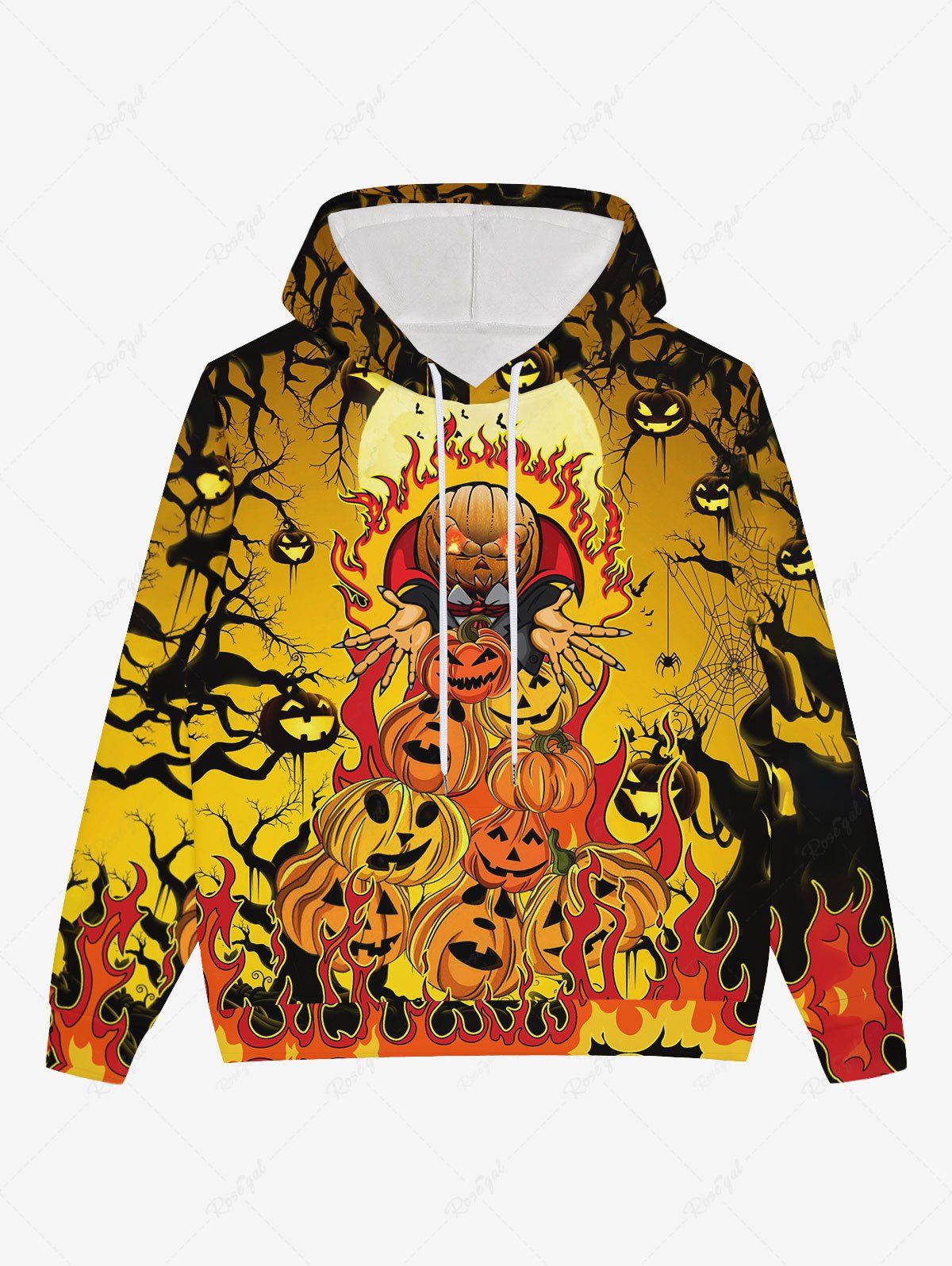 Trendy Gothic Halloween Pumpkin Flame Tree Print Pocket Drawstring Hoodie For Men  