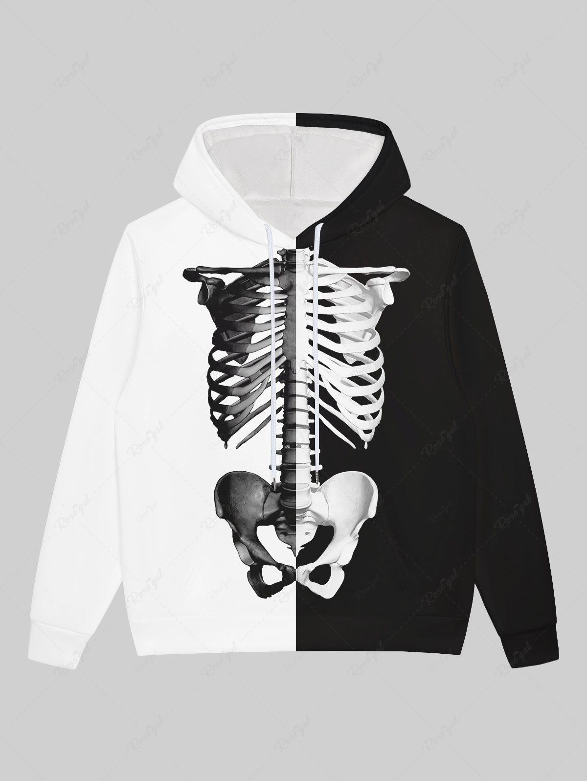 Sweat à Capuche D'Halloween Gothique en Blocs de Couleurs Squelette Imprimée à Cordon pour Homme Blanc XS