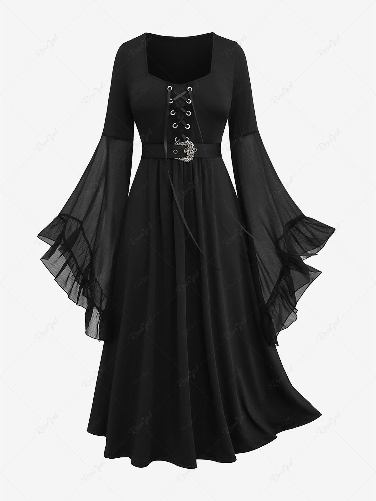 Hot Plus Size Grommets Lace Up Mesh Bell Sleeves Buckle Belt Dress  
