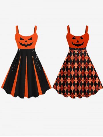 Plus Size Pumpkin Rhombus Colorblock Printed Halloween Dress Best Friend Outfit - ORANGE