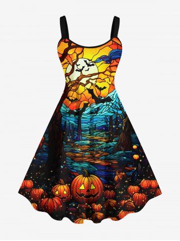 Plus Size Colorful Pumpkin Bat Tree Moon Print Halloween Dress - MULTI-A - M