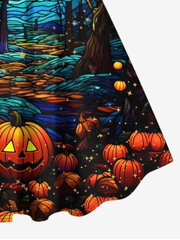 Plus Size Colorful Pumpkin Bat Tree Moon Print Halloween Dress
