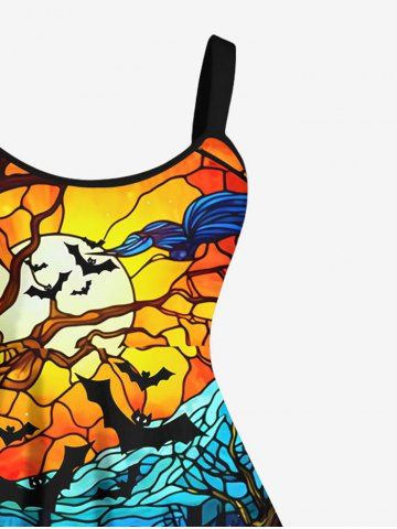 Plus Size Colorful Pumpkin Bat Tree Moon Print Halloween Dress