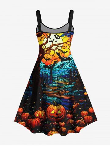 Plus Size Colorful Pumpkin Bat Tree Moon Print Halloween Dress [57% OFF]