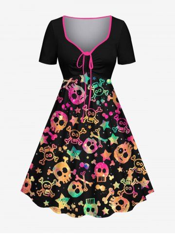 Plus Size Halloween Costume Skull Star Print Cinched Dress - MULTI-A - S