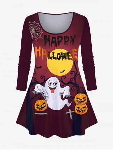 Plus Size Moon Bat Ghost Pumpkin Spider Web Tree Print Halloween Ombre T-shirt - DEEP RED - S