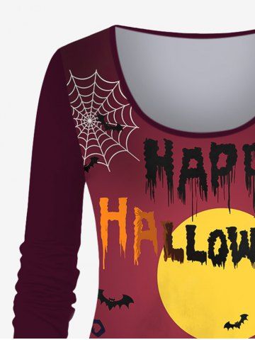 Plus Size Moon Bat Ghost Pumpkin Spider Web Tree Print Halloween Ombre T-shirt