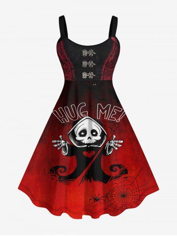 Robe D'Halloween Costume de Sorcier Crâne et Toile D'Araignée Imprimés de Grande Taille - RED - XS