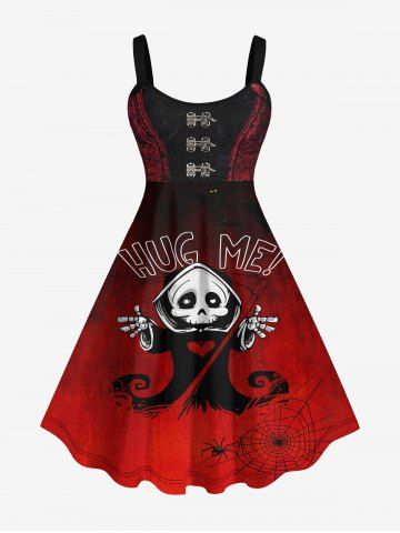 Plus Size Halloween Costume Spider Web Skull Wizard Print Tank Dress - RED - S