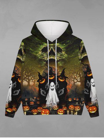 Gothic Halloween Pumpkin Ghost Tree Print Drawstring Hoodie For Men