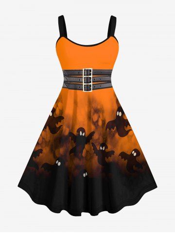 Robe D'Halloween en Blocs de Couleurs 3D Aile de Fantôme Imprimée en Cuir PU de Grande Taille - ORANGE - S