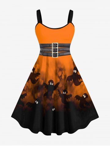 Robe D'Halloween en Blocs de Couleurs 3D Aile de Fantôme Imprimée en Cuir PU de Grande Taille - ORANGE - M